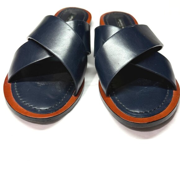 size 8/38 Lafayette 148 Vienna Womens Navy Leather Cross-Strap Slide Sandals - Picture 9 of 9